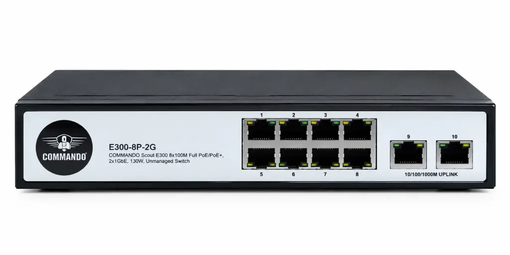 سويتش PoE غير مدار 8 منافذ PoE وسرعة 100Mbps + منفذي Gigabit للربط  , قدرة 130 واط.