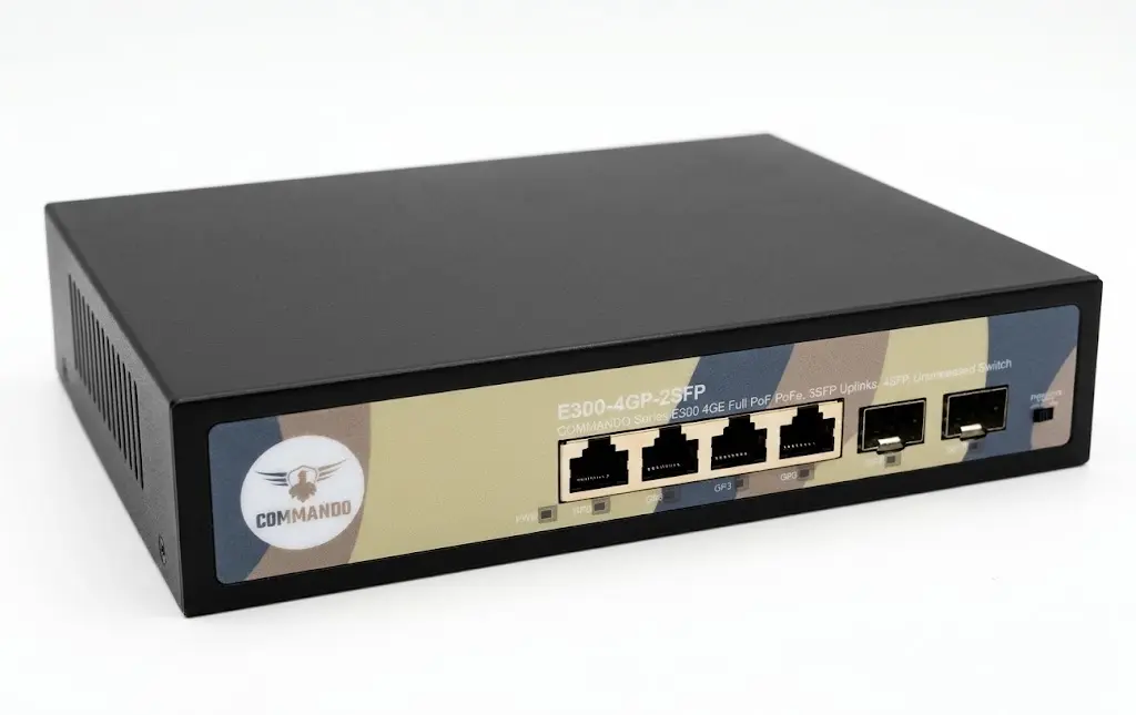 Unmanaged PoE switch with 4 PoE ports and 1Gbps speed + 2 SFP ports with 1Gbps speed, 65W power.