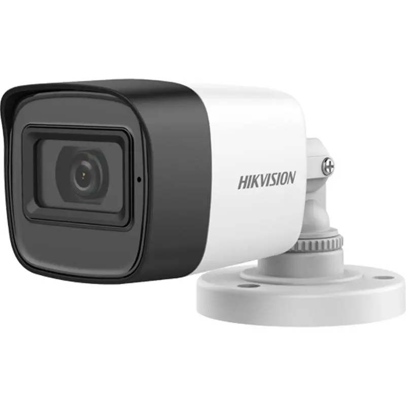 كاميرا مراقبة خارجية تناظرية من Hikvision بدقة 5MP وعدسة ثابتة 2.8-3.6-6 مم بتصميم رصاصة, مع صوت.