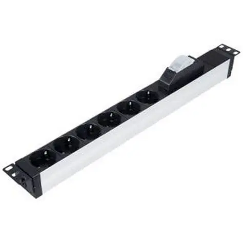6xDIN49440 Socket Schuko Power Stripe, 19” 1U,  aluminium housing, 1x16A cct breaker, 4000 Watt, 250V AC, 3x1.5mm2, 2,5m cable, DIN 49441 plug, CE approval