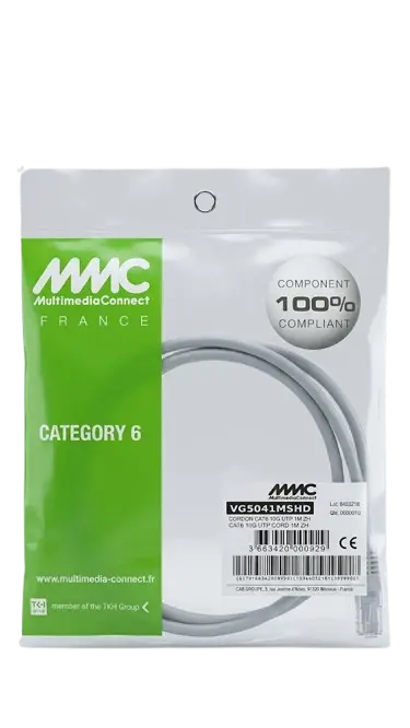 كابل شبكة CAT6 U/UTP Patch Cord، RJ45، نحاس 24AWG، غلاف PVC Class Ea،بطول 1 متر ، تردد حتى 500MHz، موصلات RJ45 مطلية بالذهب