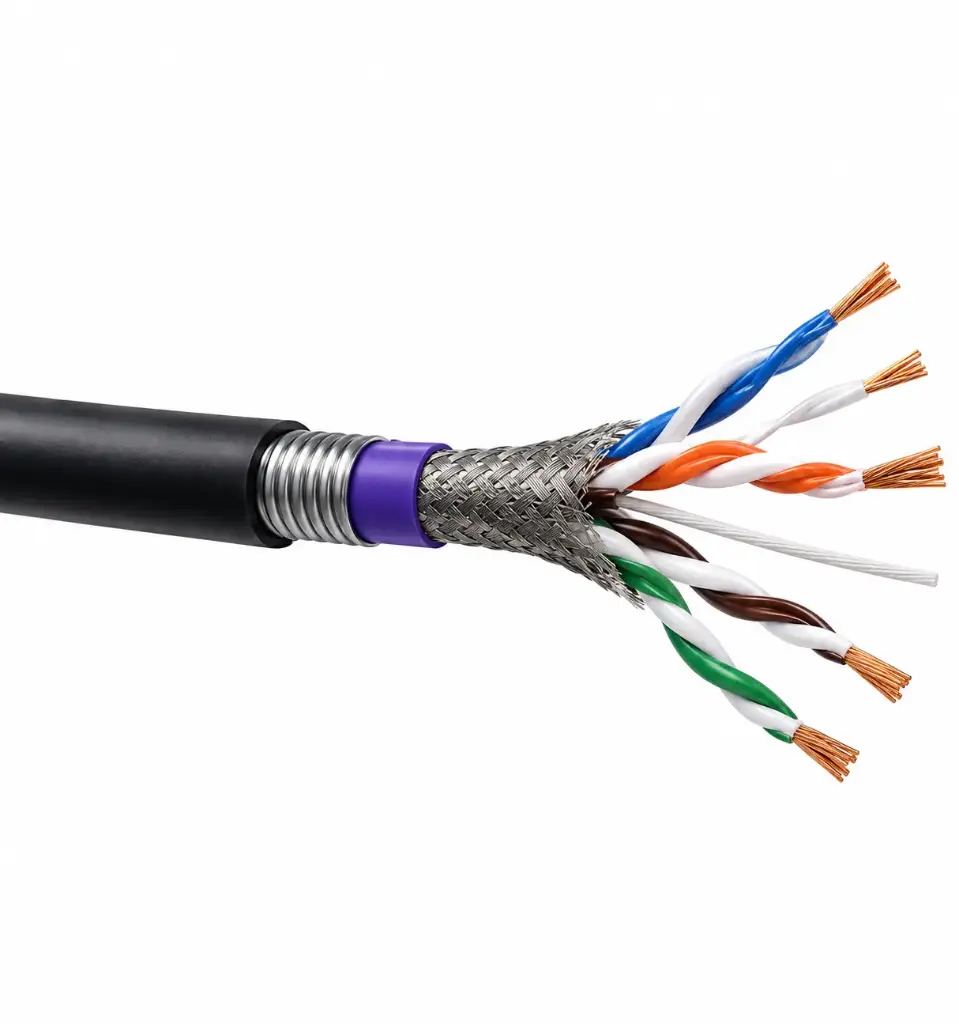 This CAT6A U/FTP network cable features four twisted pairs, individual aluminum foil shielding, corrugated steel tape shielding, and a black PE sheath.  It is constructed of 23AWG solid copper, supports frequencies up to 525MHz and 10Gbps, and is suitable for burial and outdoor installations. It is also rodent-resistant.