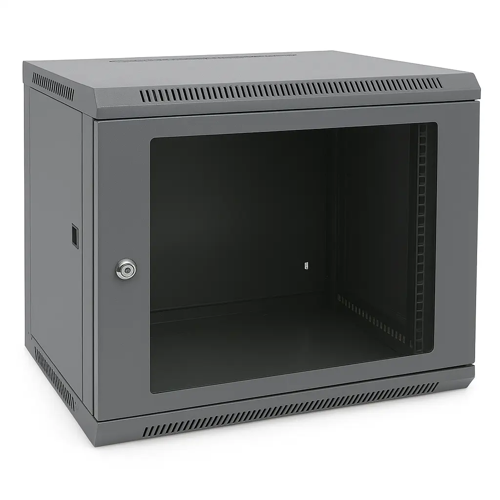 12U 19'' Wall Mounting Cabinets W=600mm D=450mm-Aquarium Thermo Meter fixed on the Glass.RAL 7016 Antracit Grey- Green PVC Stripe 