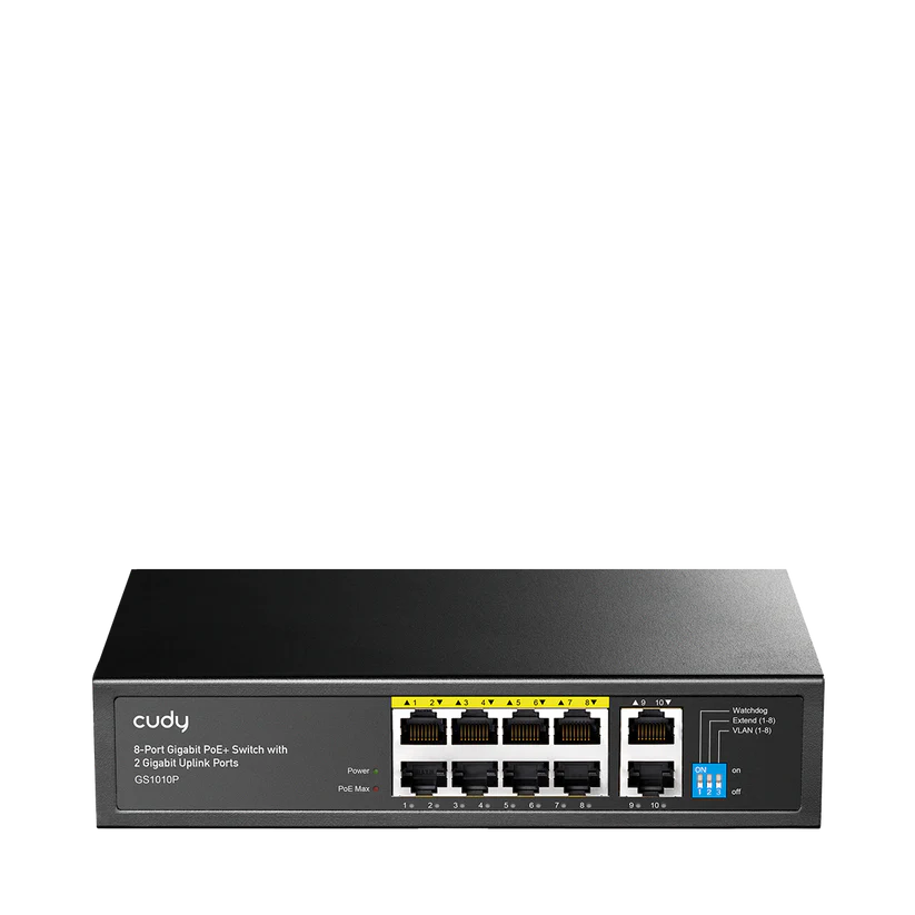 8-Port GbE Unmanaged PoE+ Switch with 2 GbE Uplink Ports POE budget:120W, 30W Maximum on one port Switching Capacity:20 Gbps,VLAN,Metal,Rack-mounted