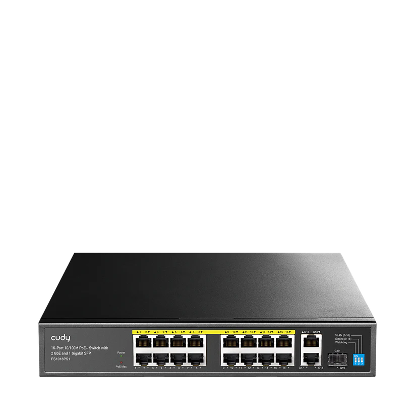 سويتش PoE غير مُدار من Cudy , 16 منفذ وسرعة 100Mbps L2, بقدرة 200W , 1 × SFP بسرعة 1Gbps  