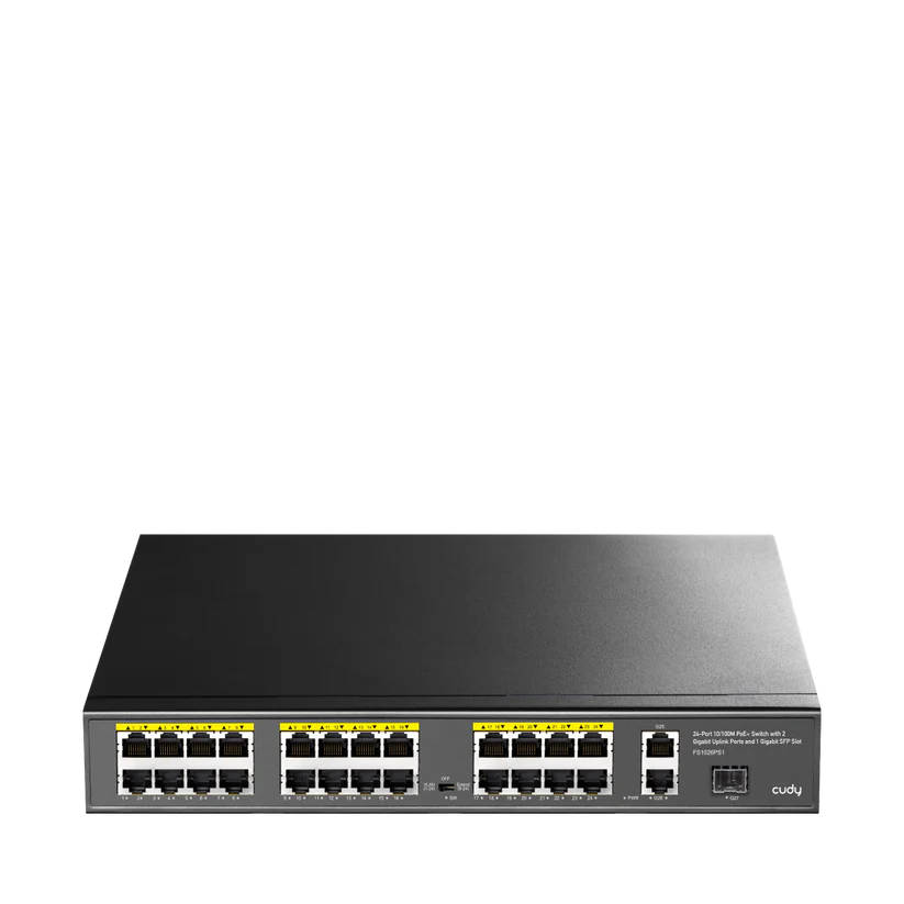 24-Port 10/100M PoE+ unmanaged Switch with 2× Uplink GbE +
 1× Uplink SFP ,PoE budget : 300W
Desktop, Rack-Mount