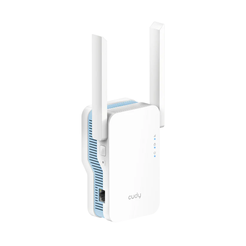 Cudy AC1200 Wi-Fi signal booster, up to 150m coverage, dual broadcast, with two fixed antennas, and Fast Ethernet port.