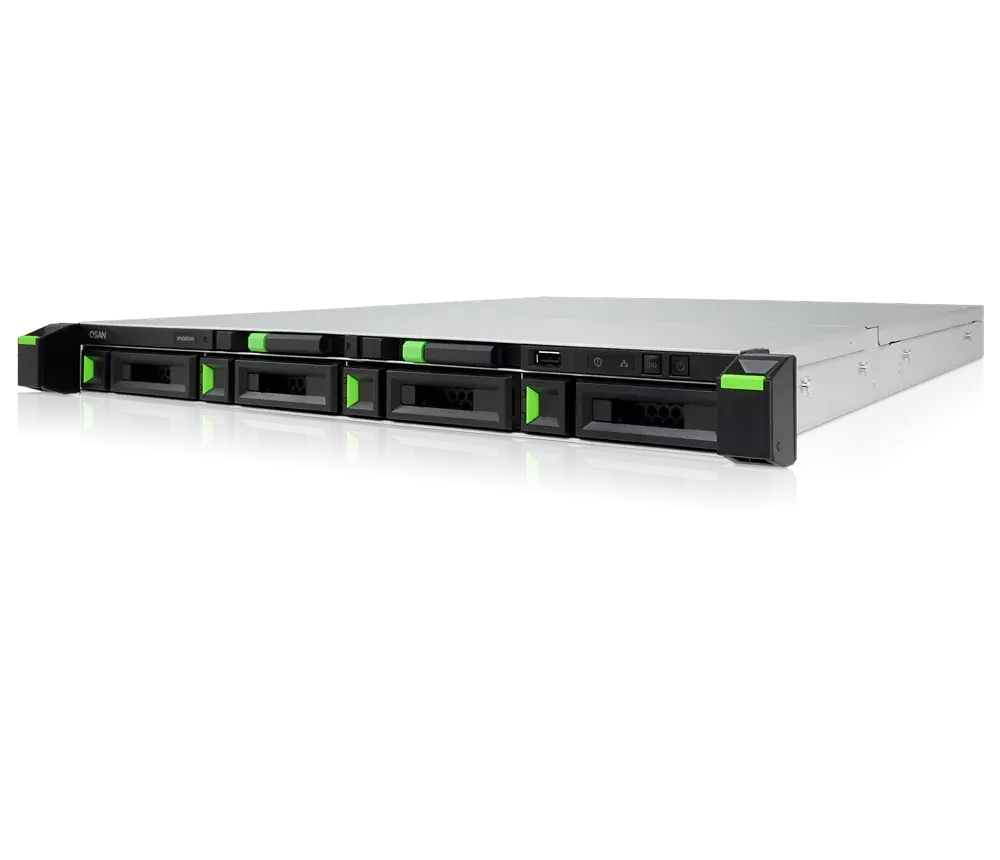 QSAN Unified Rack 1U Storage Server, 4+2 slots, Intel 2.9GHz processor, 8GB DDR4 expandable memory, and 4×1GbE ports.