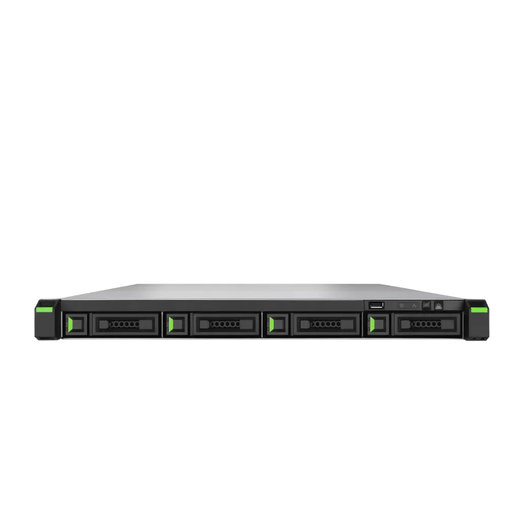 Rackmount 1U storage server, 6 slots (4+2 NVMe) QSAN, dual Xeon processor, 96TB capacity, and 8GB ECC expandable memory.
