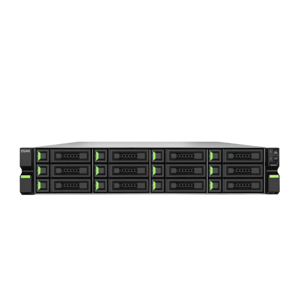 Rackmount 12-Bay Storage Server with 2xNVMe QSAN, Dual Xeon Processor, 272TB Capacity, and 16GB Expandable Memory.
