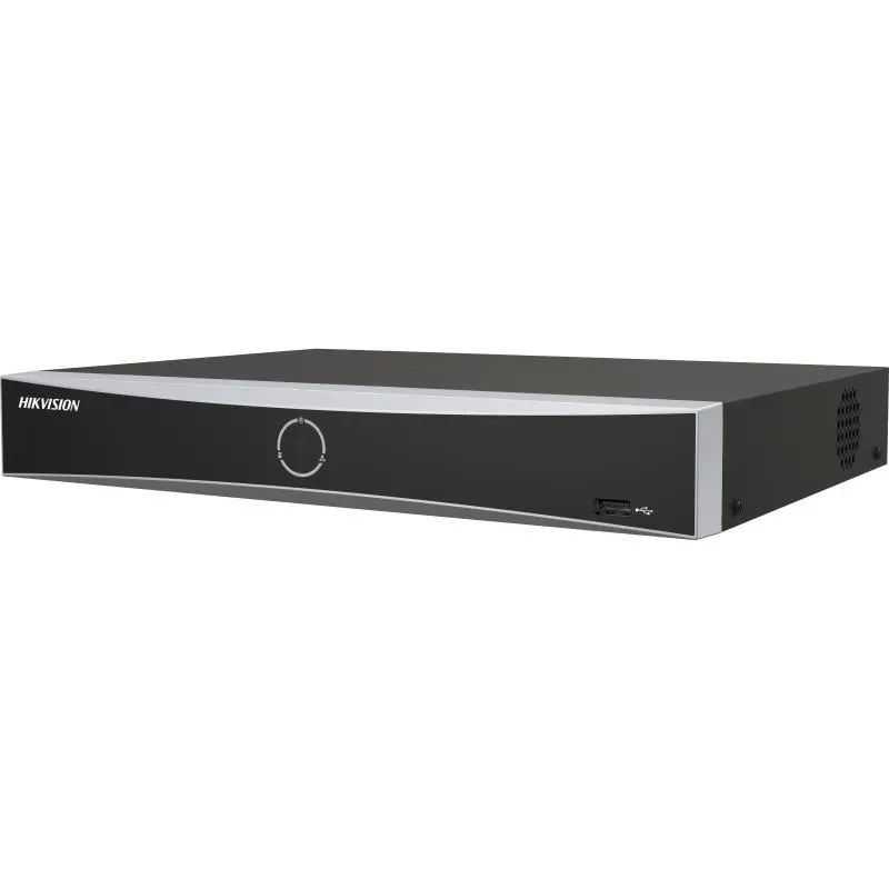 Hikvision NVR camera recorder with 4 video input channels, 8MP recording resolution and 4 built-in PoE ports.