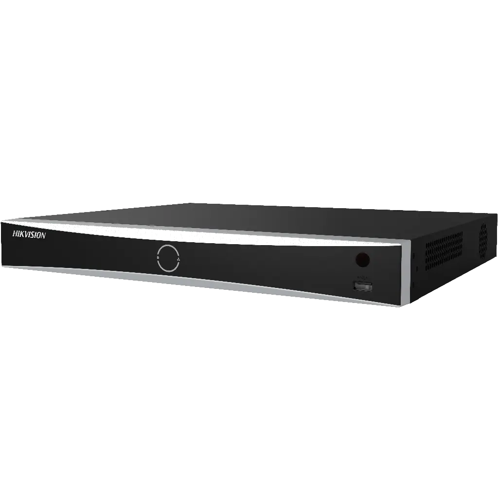 Hikvision NVR camera recorder with 16 video input channels, 8MP recording resolution and 16 built-in PoE ports.