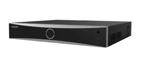 Hikvision NVR camera recorder with 32 video input channels, 12MP recording resolution and 16 built-in PoE ports.