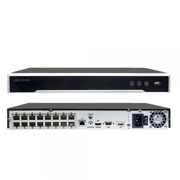 Hikvision Old Camera NVR Recorder with 16 Video Input Channels, 8MP Recording Resolution, 16 PoE Ports, and Battery.