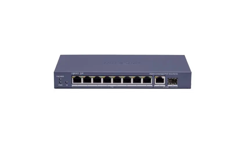 Unmanaged Hikvision PoE switch, 8 ports, 1Gbps L2 speed, 6KV power supply, 1 SFP port, 1Gbps speed