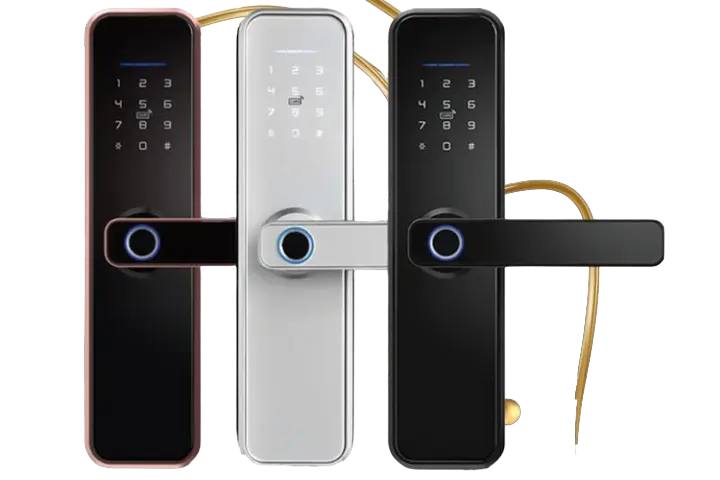 Smart door lock, supports fingerprint, card and PIN, supports Wi-Fi and Bluetooth connectivity, supports adding an AA battery that lasts for a year.