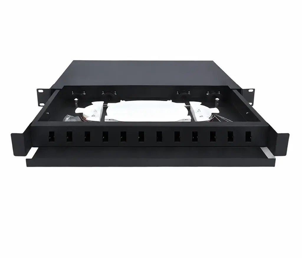 19-inch 1U 12-port fiber optic (ODF) patch panel, mounted on a blank sliding rack, for single/dual LC/SC connections with a patch tray.