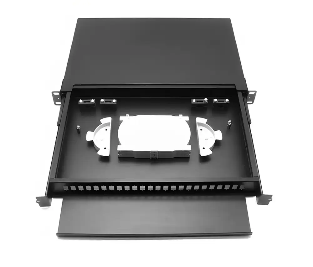 Blank Optical Distributor (ODF) board for 1U rack mounting, 19", 24 ports, with front panel for unidirectional SC/bidirectional LC connections, with two connection grades.