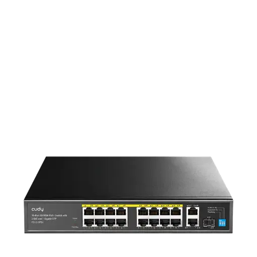 [FS1018PS1] 16-Port 10/100M PoE+ unmanaged Switch with 2× Uplink GbE +
 1× Uplink SFP ,PoE budget : 200W
Desktop, Rack-Mount