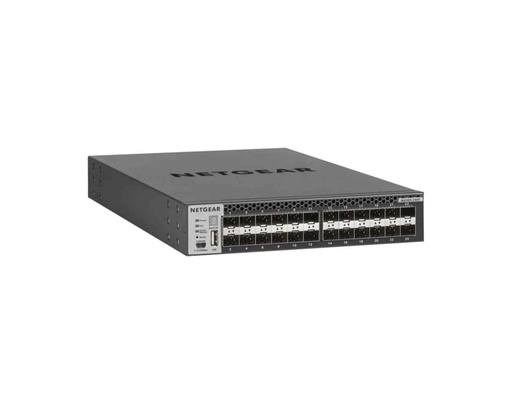 [XSM4324FS-100AJS] ProSAFE (M4300-24XF)Stackable Managed Switch L2/L3/L4
 24 Port SFP+ with 2 Port 10GbE Copper,480GbpsSwitching Fabric
-Layer 3 Routing (Static,RIP,OSPF,VRRP,PIM,PBR) without license
-Vertical or horizontal flexible 10G stacking
-Multiple stacking topologies Single/Dual Ring
-Spine and Leaf line-rate stacking topologies
-Non-stop switching (NSF) virtual chassis architectures
-non-stop routing with stack master hitless failover
-Management CLI/GUI/Telnet/SSH/SNMP/sFlow/RSPAN
-Auto-iSCSI prioritization,Voice VLAN and LLDP-MED,IPv4/IPv6 IGMP and MLD Snooping,L2/L3/L4 ACLs and QoS,Dual firmware images
-Modular power supplies,Ships with one modular APS250W PSU